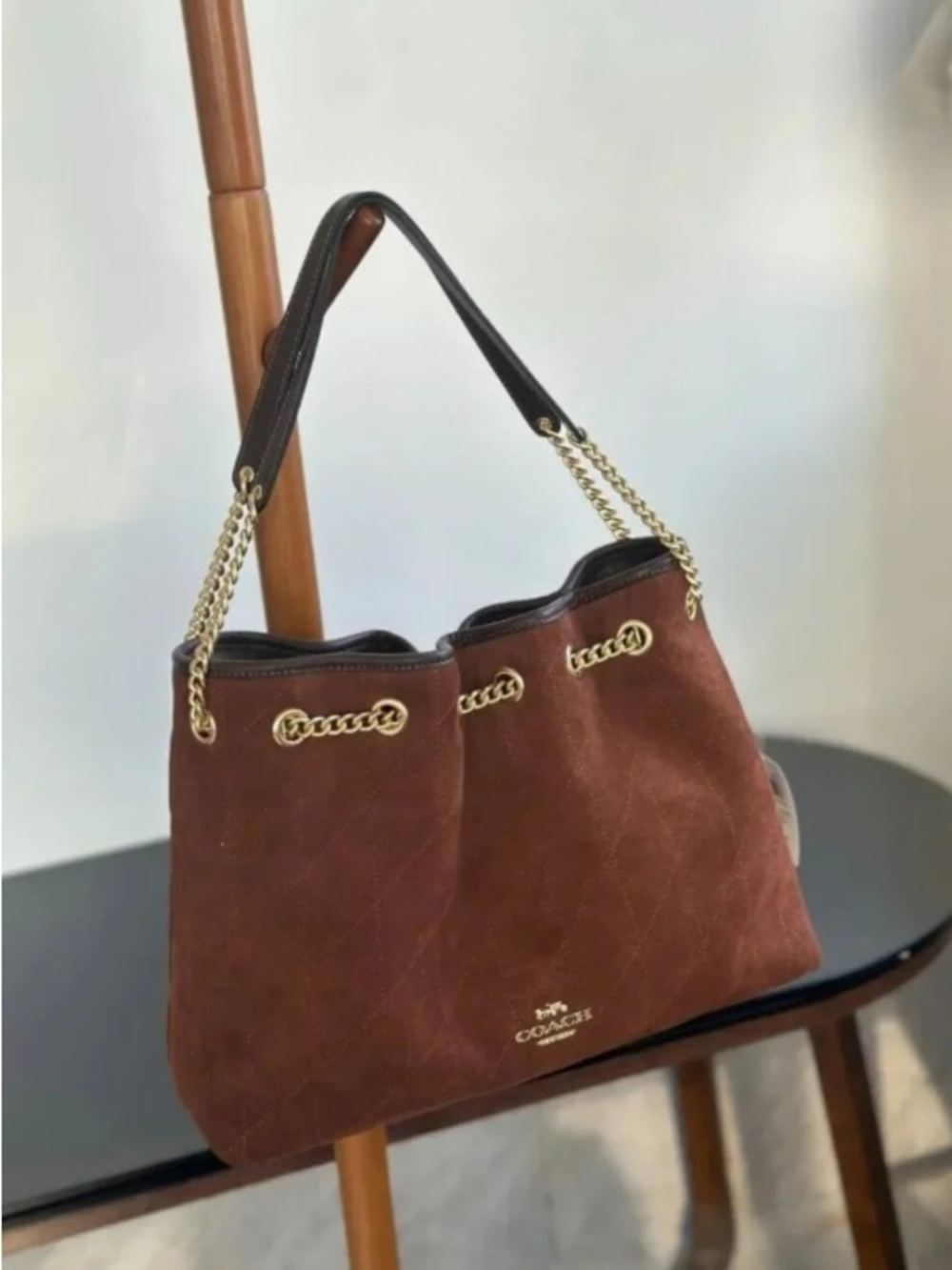 New Coach Brown Suede Quilted Chain Drawstring Shoulder Tote Bag